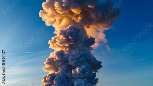 Large Column of Smoke Rising from Industrial Area During Sunset