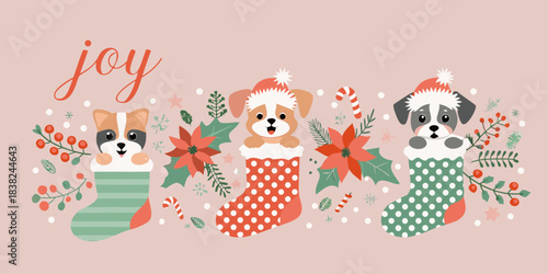 Festive illustration of adorable puppies in christmas stockings with holiday decor
