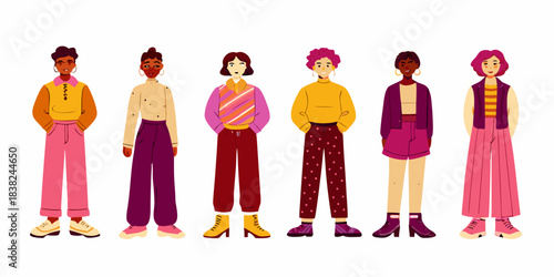 Diverse group of women in colorful modern outfits standing side by side