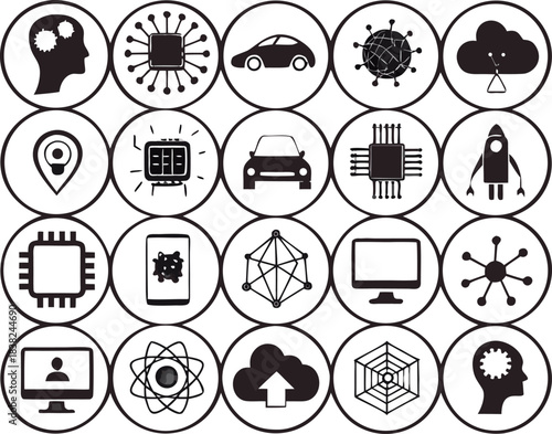 Set of 20 Monochrome Vector Icons for Technology, Artificial Intelligence (AI), Computing, Networking, and Scientific Innovation
