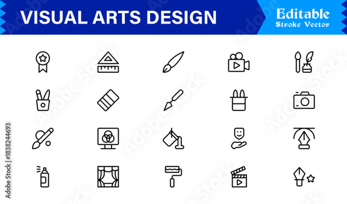 Professional Visual Arts Design Line Icon Pack Featuring Modern Minimalist Vector Icons for Creative Industry and Artistic Digital Projects with Unique Clean Outlines
