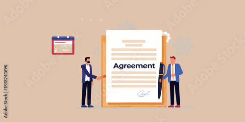 A visual representation of a business agreement being signed by two professionals