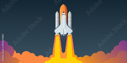 A cartoon space shuttle launching with bright orange and yellow flames
