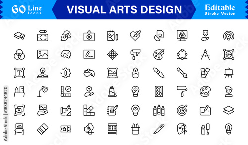 Professional Visual Arts Design Line Icon Pack Featuring Modern Minimalist Vector Icons for Creative Industry and Artistic Digital Projects with Unique Clean Outlines