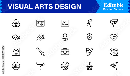 Professional Visual Arts Design Line Icon Pack Featuring Modern Minimalist Vector Icons for Creative Industry and Artistic Digital Projects with Unique Clean Outlines
