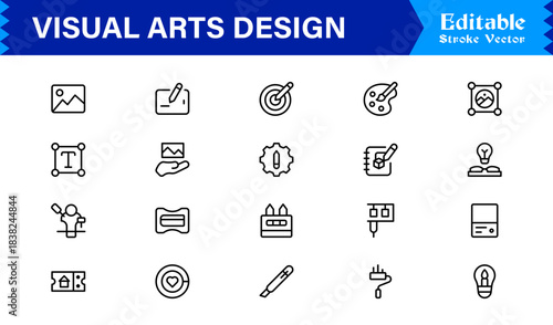 Professional Visual Arts Design Line Icon Pack Featuring Modern Minimalist Vector Icons for Creative Industry and Artistic Digital Projects with Unique Clean Outlines