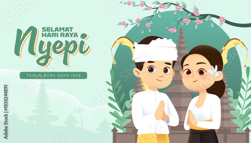 Nyepi Day Illustration of Balinese Couple in Traditional Clothes with Temple and Floral Decorations for Day of Silence