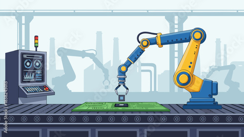 Futuristic Robotic Arm Technology Automating Precision Manufacturing on a Digital Assembly Line in a Modern Factory