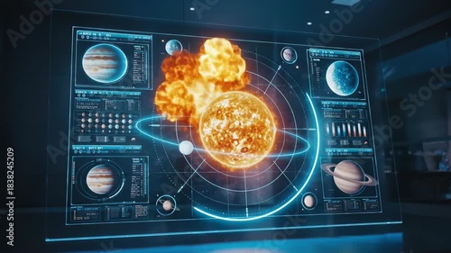 Futuristic Space Exploration Visualization of Sun and Planets with Holographic Digital Interface