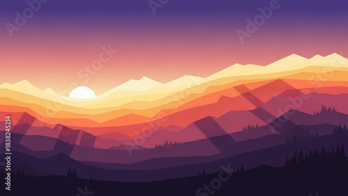Minimalist Mountain Landscape Illustration at Sunset with Warm Colors and Gradient Sky
