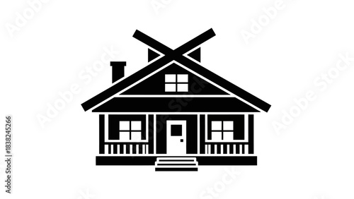 Rustic cabin icon with crossed roof beams silhouette house isolated on white background