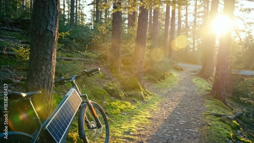 Cyclist resting on forest trail during sunset in natural outdoor setting