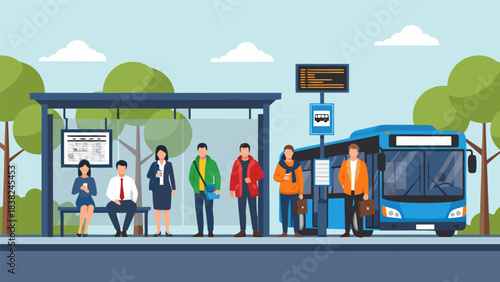 Diverse group of people patiently waiting at a modern bus stop under a clear blue sky with fluffy clouds and lush green trees