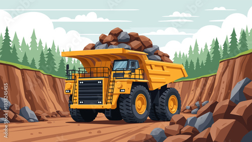 Massive yellow industrial dump truck efficiently transporting excavated rocks through an open-pit mine site. Heavy-duty construction machinery for quarry operations and material handling