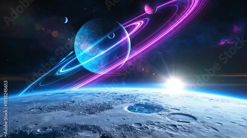 Futuristic Space Scene Showing Earth with Planets and Rings in Deep Space Aerial View