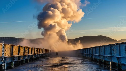 Industrial Factory Emitting Large Smoke Cloud from Chimney During Daylight with Bright Sky