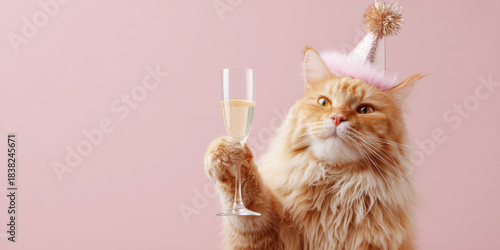Cat celebrating party wearing a hat with sparkler and holding a glass of champagne, happy birthday or new year