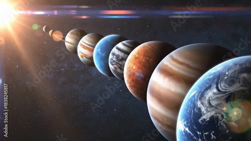 Animated sequence of planets in the solar system orbiting in space with detailed textures and bright sunlight illuminating each planet