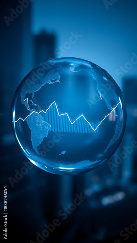Generative AI depicting a futuristic transparent globe with declining stock market graph in a city