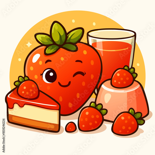 Cute Kawaii Strawberry Dessert Set with Cake, Pudding, and Juice Illustration