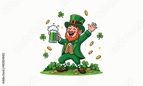 Adorable Leprechaun with a Beer Mug and Shamrocks, St vector eps