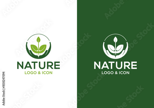 Hand icon logo design illustration with leaf