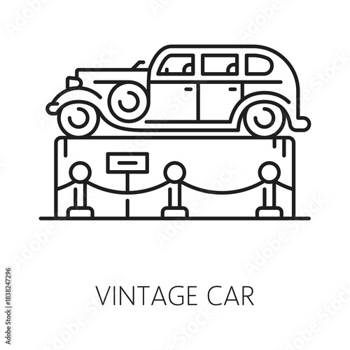 Vintage car museum exhibition line icon or pictogram. Transport history museum exhibition outline icon, vintage automobiles collection gallery line symbol with retro auto or vehicle on podium