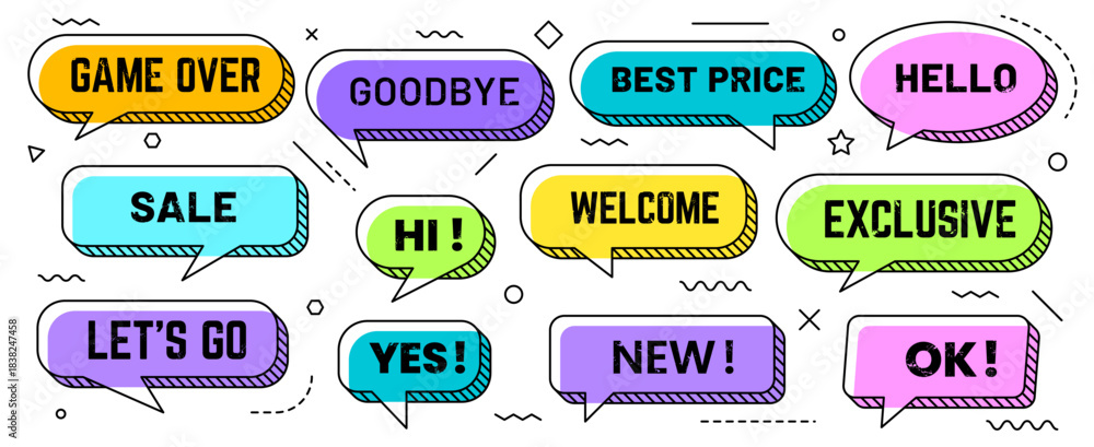 Obraz premium Memphis speech bubbles. Funky comic talk cloud, chat message graphic symbols. Memphis comic speech bubbles, talk dialog or text vector banners with game over, goodby, best spice and hello, hi words