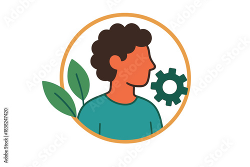 Human profile with nature and mechanical gear icons inside a circular frame
