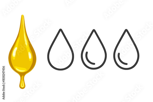 Golden oil drop beside three simple outline water level icons