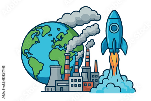 Industrial emissions and space rocket launch impacting planet Earth