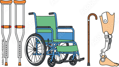 Medical mobility aid vector set featuring crutches, wheelchair, walking cane, and detailed prosthetic leg in clean illustrative style.