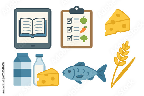 Food allergy icons set featuring digital book and nutrition checklist