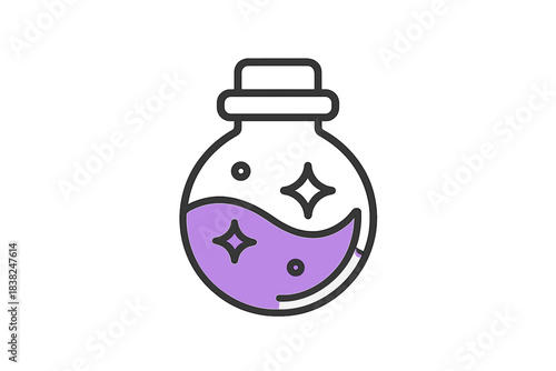 Round glass flask with purple magic potion and sparkles icon