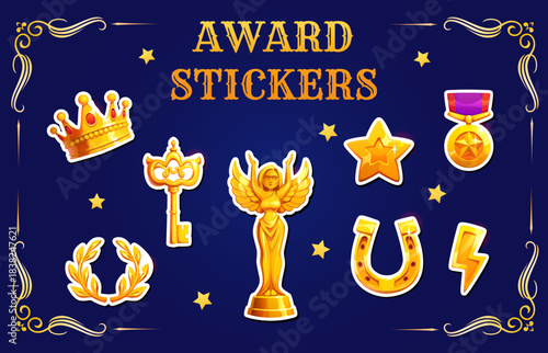 Cartoon golden award stickers pack. Competition or battle winner medal, sport tournament trophy or movie festival award statuettes. Golden crown, key, horseshoe and laurel wreath vector stickers