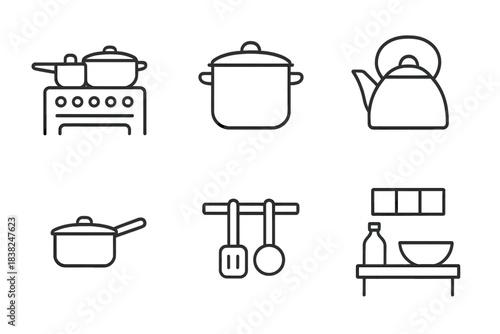 Simple outline icons representing kitchen cookware and cooking utensils
