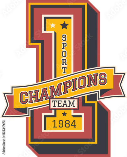 Varsity sport patch number 1 for university team or college league, vector emblem. Varsity sport club patch, number One 1 with ribbon for basketball, rugby football or baseball champion players