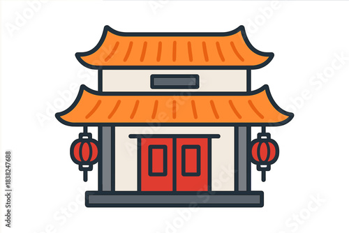Traditional Asian building facade with curved orange roof and red lanterns