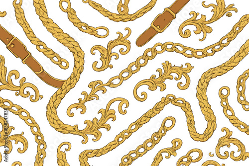 Gold chains ropes and leather belts with ornate baroque scrolls