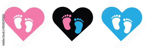 New born, pregnant or coming soon footprints shoes and shoe sole. Kids or baby feet and foot steps Fun vector footsteps icon for print. Love heart blue boy or pink girl sign. Eps 10