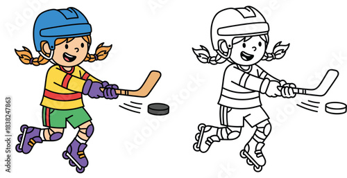 Cartoon girl playing roller hockey Happy kid skating with stick and puck vector illustration with black and white outline for coloring book page.