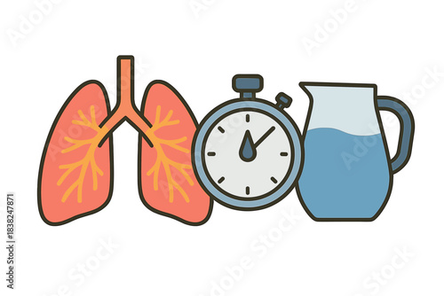 Icons representing human lungs stopwatch and water pitcher for respiratory health