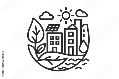 Sustainable city concept with solar panel and nature elements line icon