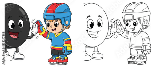 Cartoon hockey player boy and funny puck character giving high five Vector illustration with black and white outline version for coloring book page.