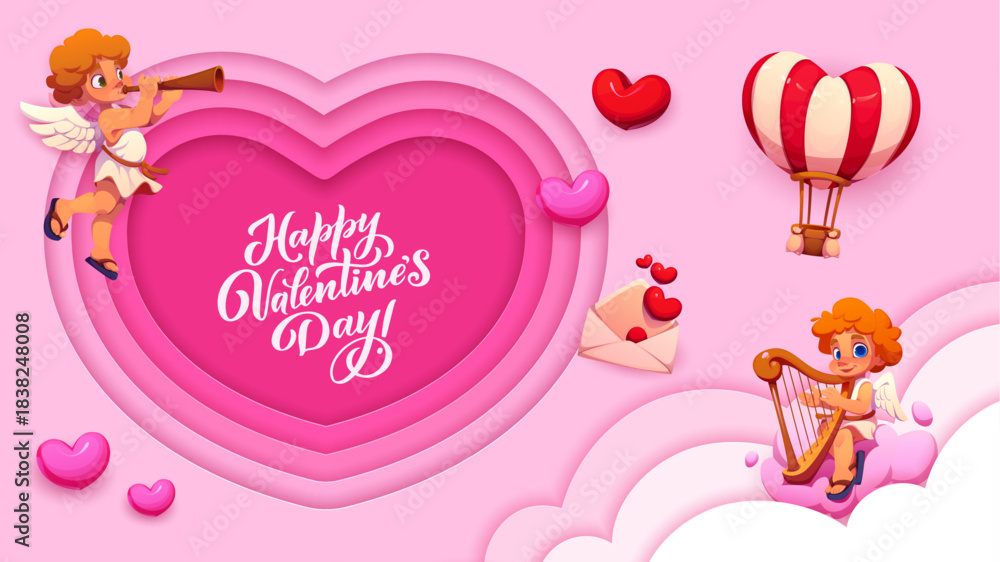 Naklejka premium Paper cut Valentine day love heart and cartoon cherub characters, vector greeting card. Happy Valentine day or love holiday paper cut heart with love message and cupid angels on cloud playing harp