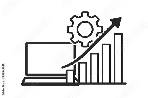 Laptop gear and rising bar chart for business growth concept icon