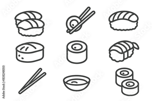 Outline icons of Japanese sushi rolls and eating utensils for food menu