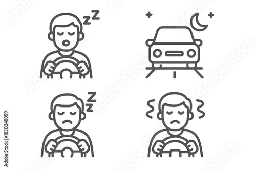 Set of icons showing driver fatigue and drowsiness during nighttime operation
