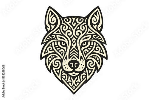 Stylized wolf head tribal ornament design in black and white