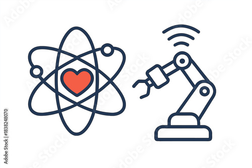 Atomic structure heart symbol and robotic arm icon set for science and technology